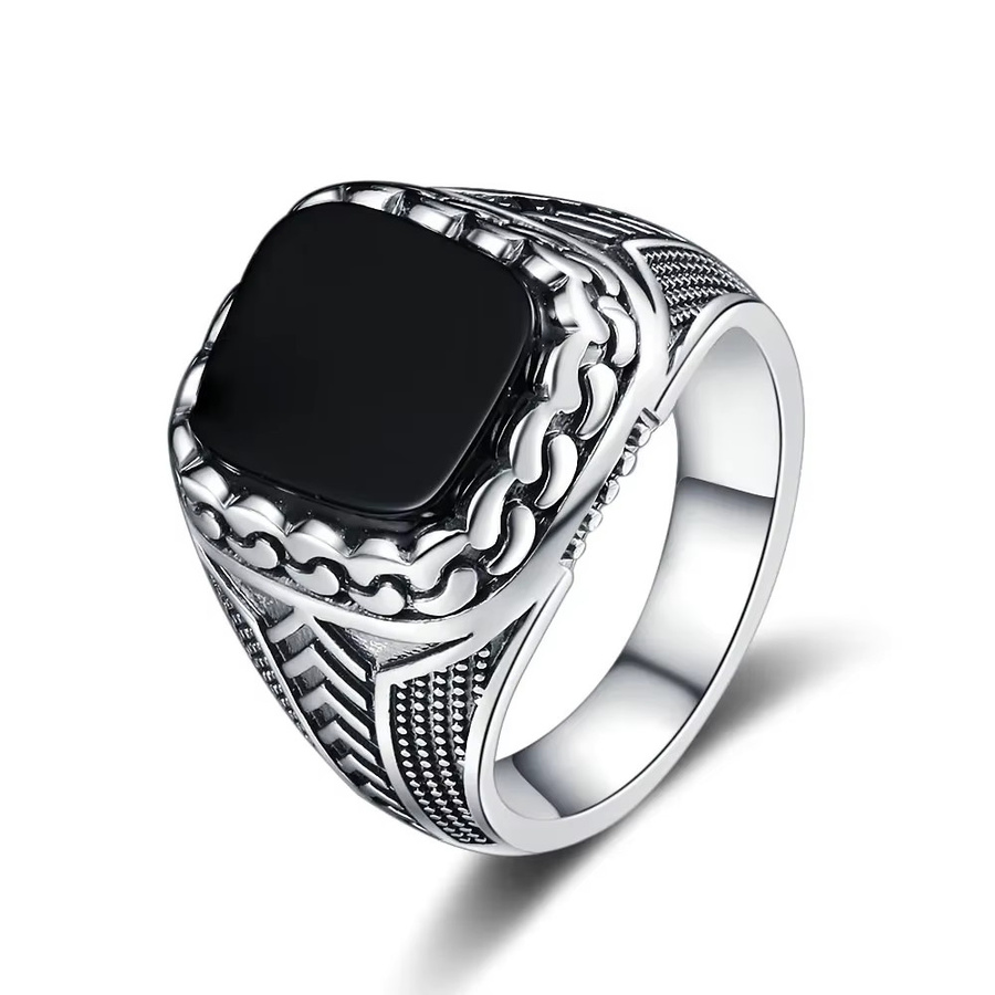 QIBAOKU Ring 925 Silber, Achat, Schwarz, Damen, Vintage - Bild 4