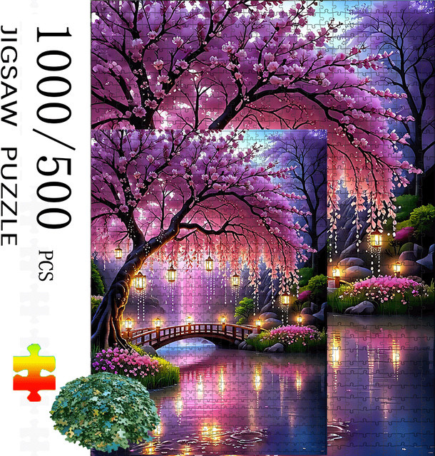 AZNM Kirschblütenbaum, Brücke und Laterne See Puzzle, 1000/500 Stück - Bild 1