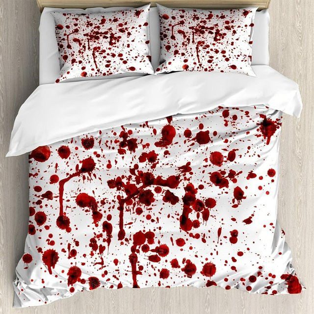 Horror Bettbezug-Set mit Blutspritzer-Design im Grunge-Stil, 3-teilig, US King, Weiß-Rot, B: 264 cm x L: 229 cm - Bild 1
