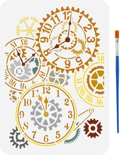 Steampunk Gear Schablonen Set mit Pinsel im Retro-Design, Breite: 29,7 cm, Höhe: 29,7 cm - Bild 1