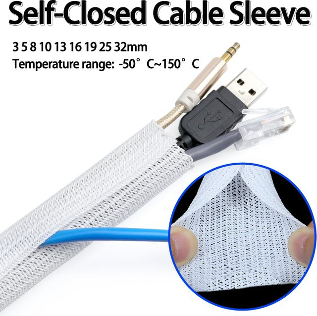 Weiße geflochtene PET-Kabelhülse als selbstschließender Kabel-Organizer zum Schutz und zur Isolierung von Kabeln - Bild 1