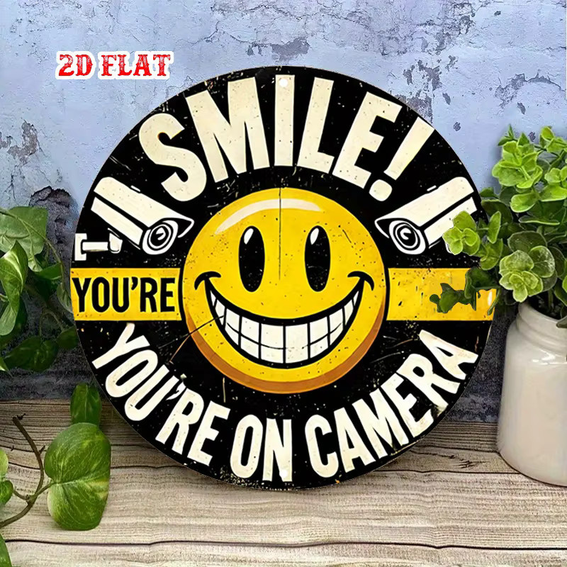 Potdemiel Rundes Warnschild für Überwachungskameras aus Metall mit You're On Camera Text und lächelndem Gesicht, Durchmesser: 20 cm - Bild 3