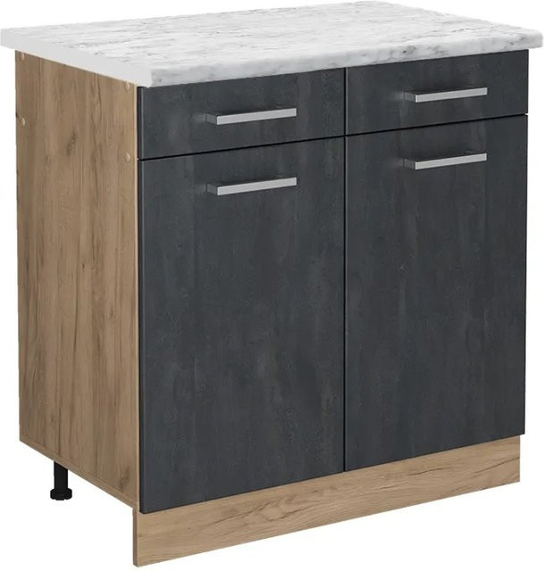 Vicco Küchenunterschrank R-Line Schubladenschrank in Schwarz Beton und Marmor mit Eiche Korpus, Breite: 80 cm - Bild 1
