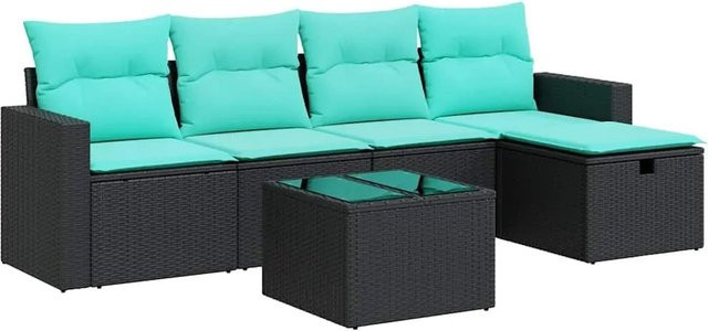 vidaXL 6-teilige Garten-Sofagarnitur in L-Form mit Polsterkissen, Schwarz und Blau, Poly-Rattan und Metallgestell - Bild 1