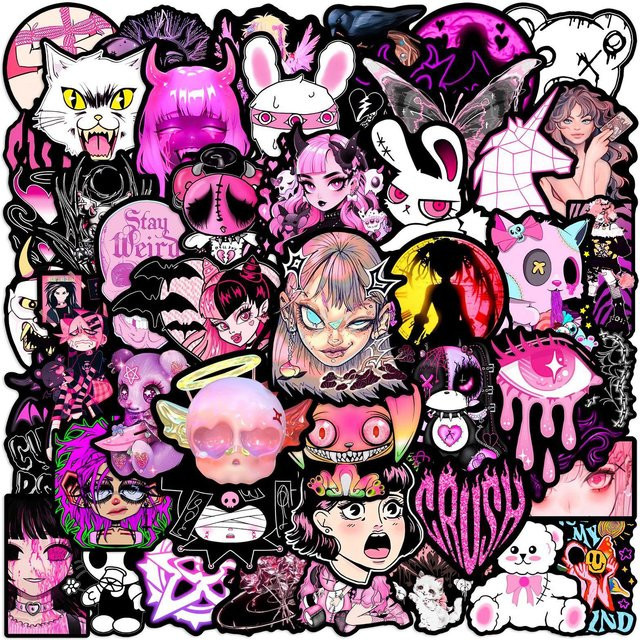 50 Stück Rosa Gotisch Cartoon Graffiti Aufkleber von Rui Di wasserfest für Handy Laptop und Notizbuch - Bild 1