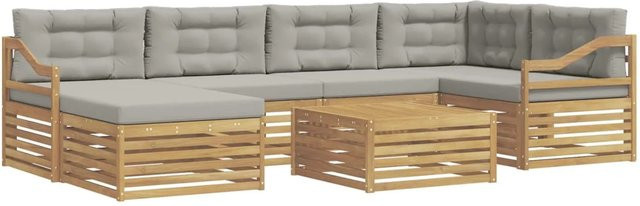 vidaXL Outdoor-Sofagarnitur aus Akazienholz in L-Form, 7-teiliges Set mit Kissen in Weiß und Hellgrau - Bild 1