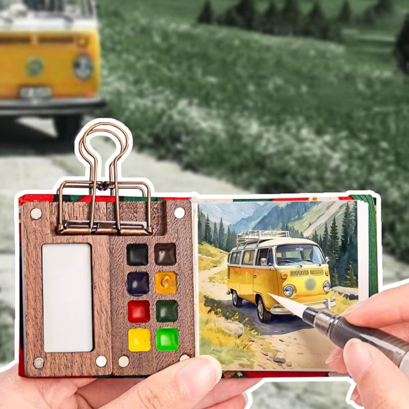 Tragbare Mini-Aquarellpalette aus Walnussholz in Braun mit Clip für unterwegs - Bild 2