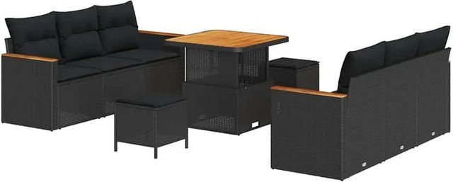 vidaXL Garten-Sofa-Set aus Polyrattan und Stahl in Schwarz, 9-teilig mit Kissen und Tisch - Bild 1