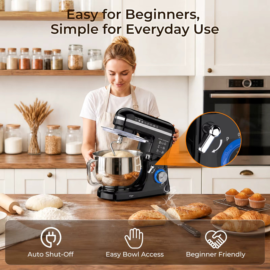 Patbrela Standmixer mit 5L Edelstahlschüssel, 10 Geschwindigkeiten, Knethaken, Rührbesen und Schneebesen für Brotteig, Kuchen und Kekse, Teigknetmaschine und Planetenmixer - Bild 4