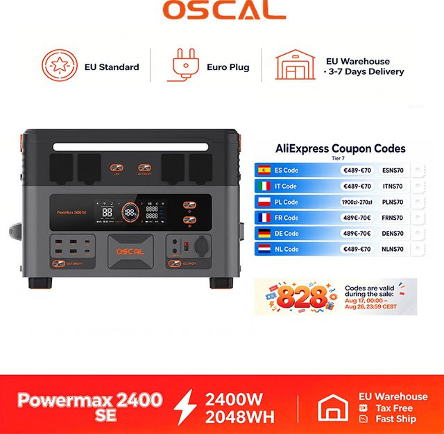OSCAL Tragbare Powerbank 2016Wh mit 2400W Ausgangsleistung und 4800W Spitzenleistung als Solargenerator für Outdoor und Camping - Bild 1