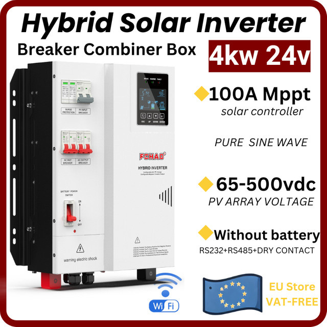 FCHAO Hybrid-Solarwechselrichter 4,0kW 24V mit 100A MPPT, Reine Sinuswelle, DC-Schutzschalter-Kombinationsbox und Wi-Fi, Weiß - Bild 1