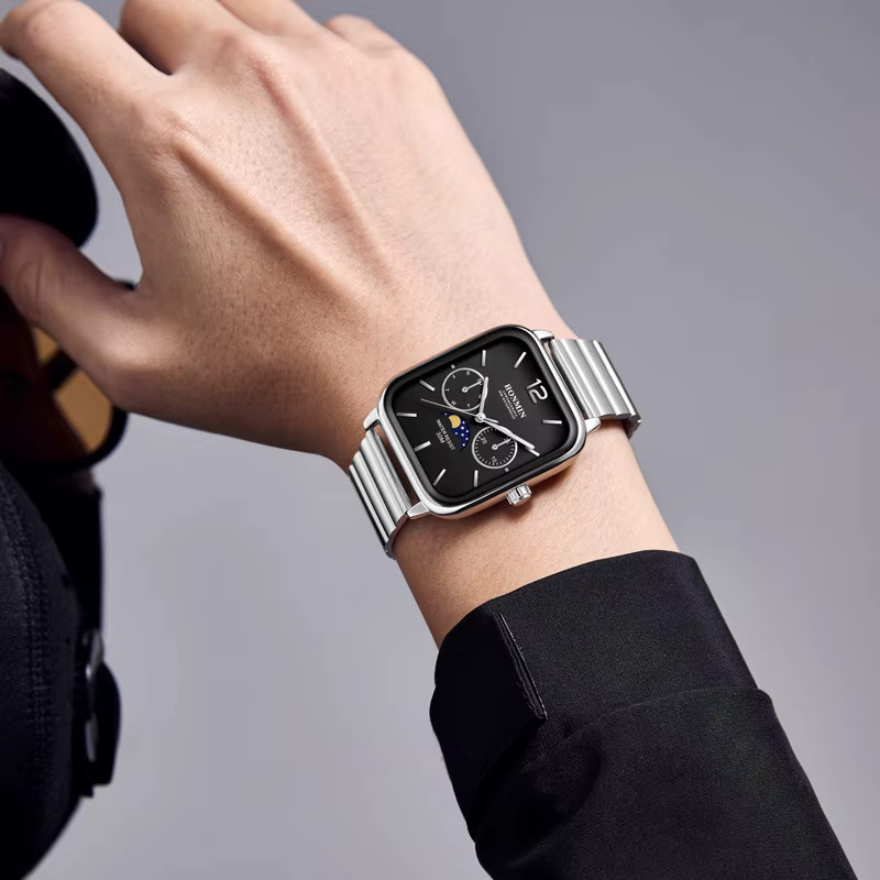 HONMIN Armbanduhr, Mondphasen, Quarzuhr, Edelstahl, Schwarz, Herren - Bild 3