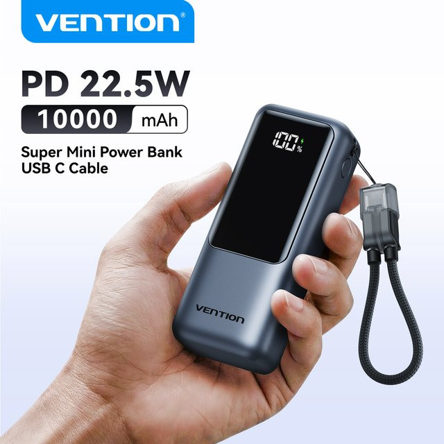 Vention Mini Powerbank 10000mAh mit integriertem USB-C-Kabel 22,5W PD 3.0 Schnellladung, Grau - Bild 1