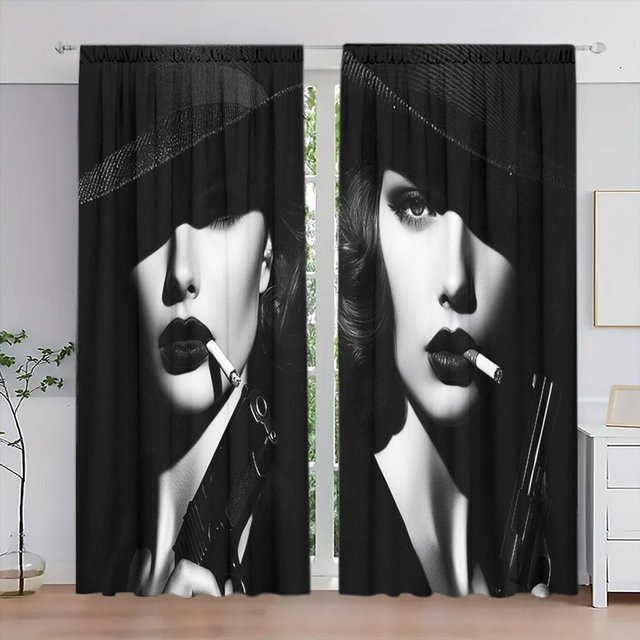2er-Set Vorhang mit modernem Mädchen-Print von Household supplies MH, halbtransparent, Schwarz, B: 132 cm, H: 160 cm - Bild 1