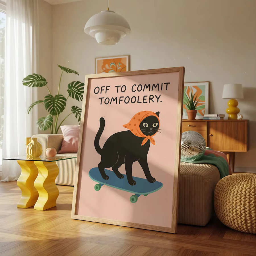 Wandposter Off to Commit Tomfoolery mit schwarzer Katze beim Skateboarden, mehrfarbige Papier-Wanddekoration für dein Zuhause - Bild 2