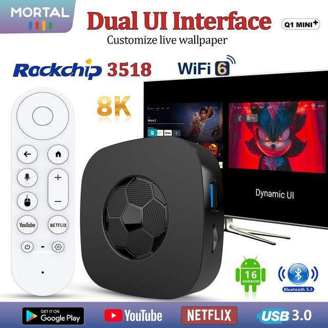 MORTAL T1 Ultra Smart TV Box Android 16 mit 8K HD Streaming, Dual Wifi 2.4G/5.8G und Bluetooth 5.0, Schwarz - Bild 1