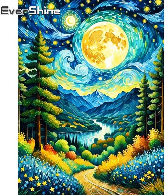 Evershine Diamantgemälde Rundes Mosaik mit Sternenhimmel und abstrakter Landschaft in Mehrfarbig, Durchmesser: 30 cm - Bild 1