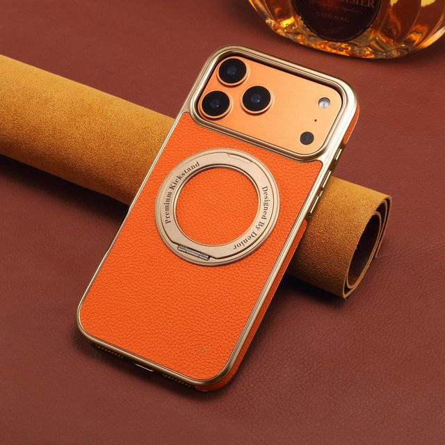 Denior Handyhülle mit Lychee-Muster aus PU-Leder für iPhone 13 Pro Max bis iPhone 17 Pro Max, 360 Grad drehbarer Ständer und Anti-Drop-Schutz, Farbe: Orange - Bild 1