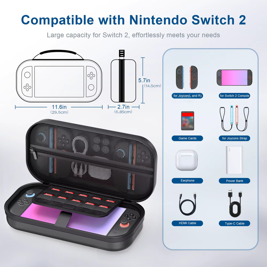 Tragetasche für Switch 2 mit großer Kapazität und PU-Hartschale, Reiseetui für Zubehör und Spielkarten in Schwarz oder Weiß - Bild 2
