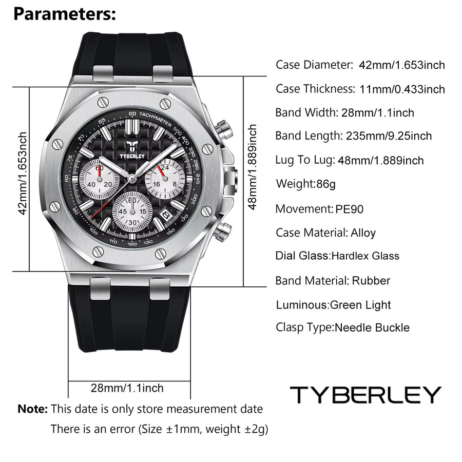 TYBERLEY Chronograph Herren, Quarz, Schwarz, Silikonarmband - Bild 5