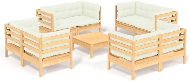 vidaXL 9-tlg. Garten-Lounge-Set aus Kiefernholz mit beigen Polstern in L-Form und Ottoman - Bild 1