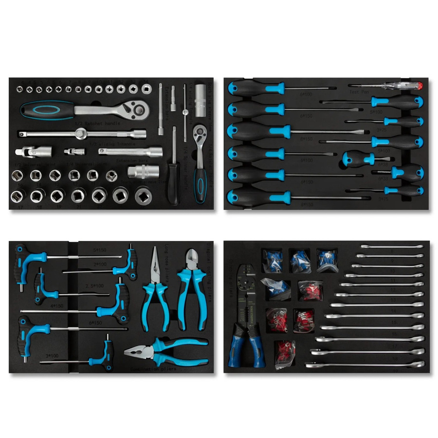 Eberth Multitool Werkzeug Set mit 81 Teilen in Blau und Schwarz für Werkzeugwagen inklusive Schraubendreher, Schlüssel, Steckschlüsseln, Inbusschlüsseln und Zangen - Bild 2