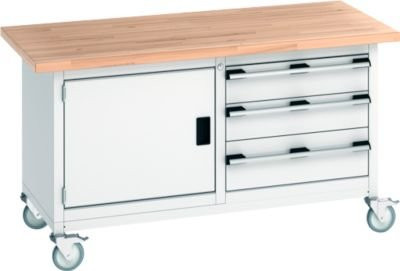 Bott Kastenwerkbank Cubio in Lichtgrau mit 4 Lenkrollen, 3 Schubladen, 1 Tür und 40 mm Buche-Massiv, B/T/H: 150 x 75 x 84 cm - Bild 1