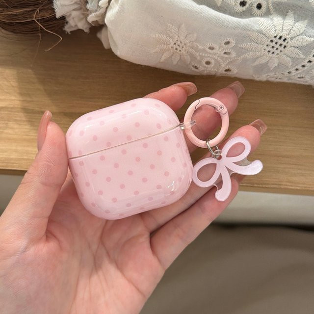 Glänzende AirPods Schutzhülle von Apple in Rosa mit Kirschblüten-Polka-Dot-Muster und Schleifenanhänger für AirPods 1 2 3 4 Pro 2 Pro 3 - Bild 1