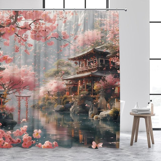 Baifenbai Home Furnishing Duschvorhang Japanische Landschaft mit Kirschblüten und Vögeln, Rosa, B/H: 180 x 180 cm - Bild 1