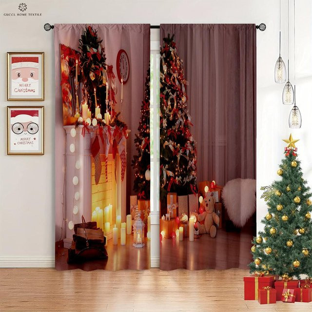 2er-Set Weihnachtsfenstervorhänge mit Ösen, halbtransparentes Design für Küche, Schlafzimmer und Wohnzimmer, Mehrfarbig, B: 50 cm, H: 130 cm - Bild 1
