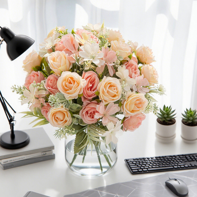 Künstliche Seidenrosen als floraler Brautstrauß und Tischdekoration in Pink und Gelb - Bild 1