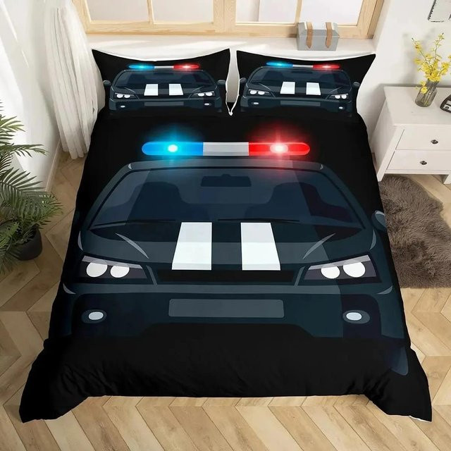 Flylo Bettwäsche Set Cartoon Polizeiauto aus Polyester für Kinder und Erwachsene, B/H: 135 x 200 cm, Schwarz - Bild 1
