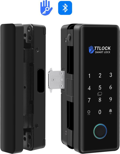 LUCKING DOOR Intelligentes Glasschloss in Schwarz mit Fingerabdruck, Bluetooth, TTLOCK App, Biometrie, RFID IC-Karte und Fernentriegelung für Schiebetüren - Bild 1