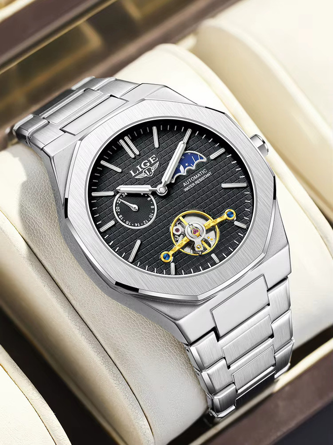 LIGE Armbanduhr, mechanisch, Edelstahl, Mondphase, Tourbillon, Herren - Bild 6