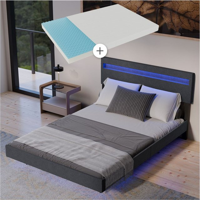 Juskys Schwebebett Lissabon in Dunkelgrau mit Matratze, modernem Design und LED-Unterbettbeleuchtung, B/T: 140 x 200 cm - Bild 1