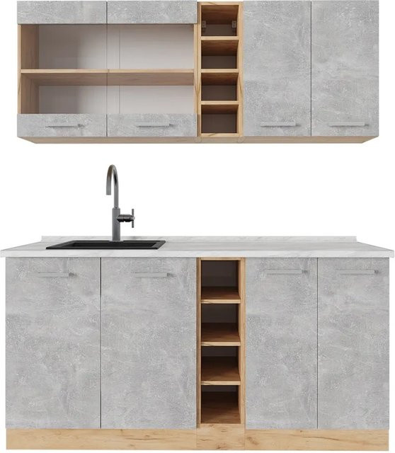 Vicco R-Line Singleküche modern in Eiche mit Beton-Optik und Goldakzenten, Breite: 160 cm - Bild 1