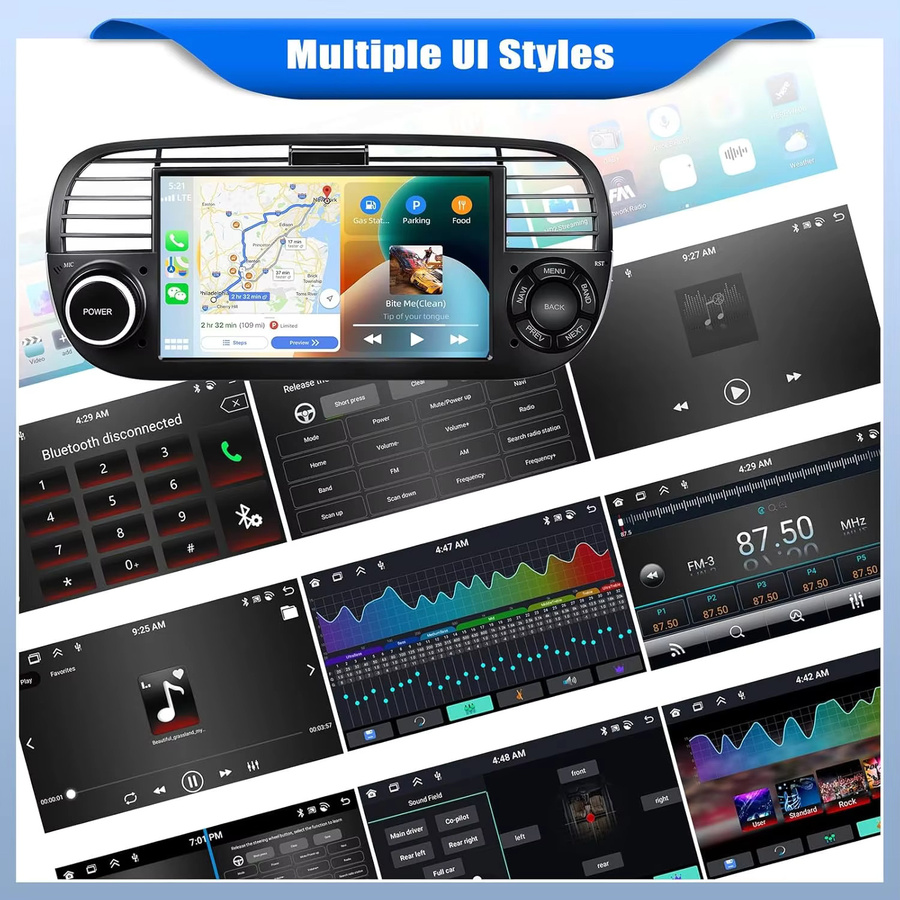 XFY 7-Zoll Autoradio für FIAT 500 (2007 - 2015) mit GPS-Navigation, Android Auto, Apple CarPlay, 5G Wifi, Bluetooth und 360 Kamera in Schwarz - Bild 3