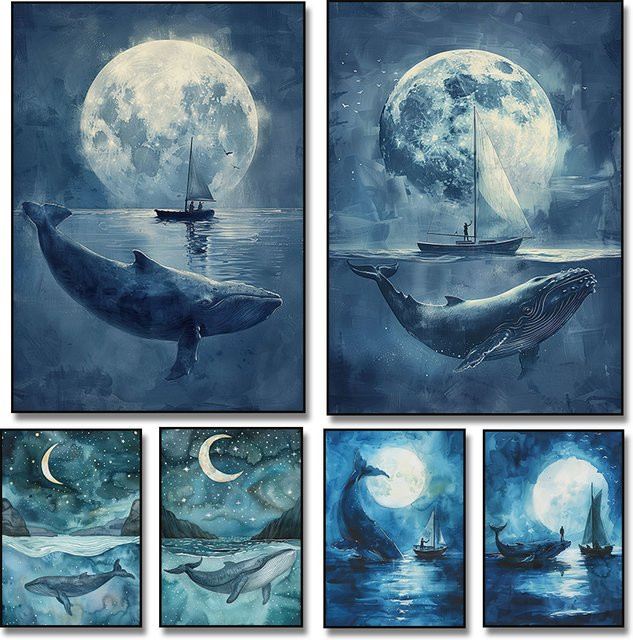 Potdemiel Leinwand Wandkunst Poster Blauwal Mond Stern Segelboot Meer Ozean für Kinderzimmer Dekoration in Blau - Bild 1