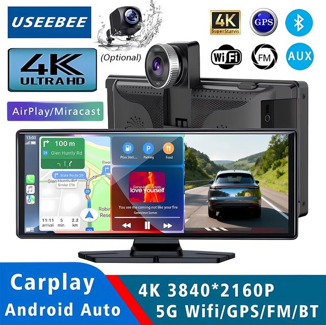 USEEBEE 4K Dashcam mit 10,26 Zoll Display, Carplay, Android Auto, GPS, 5G WLAN, Bluetooth und Dual-Objektiv in Schwarz - Bild 1