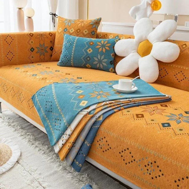Chenille Sofakissen Überzug im Boho-Design für L-Form und Récamiere, Farbe: Orange, B/H: 50 x 30 cm - Bild 1
