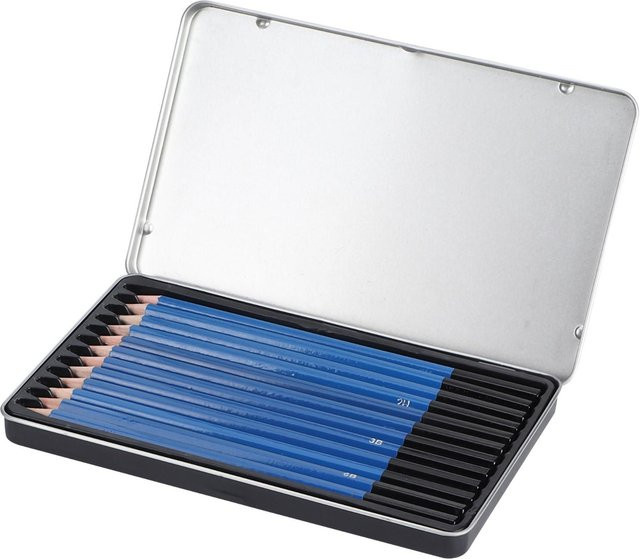 Neoglint 12er Set Graphit-Skizzenstifte aus Holz mit Blechdose, Profi-Zeichenstifte in Schwarz und Blau - Bild 1
