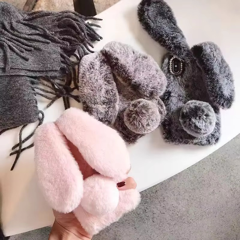 Flauschige 3D Kaninchenfell Handyhülle aus Plüsch und Silikon für Xiaomi Mi Poco M7 Pro Redmi Note 14 13C in Braun - Bild 2