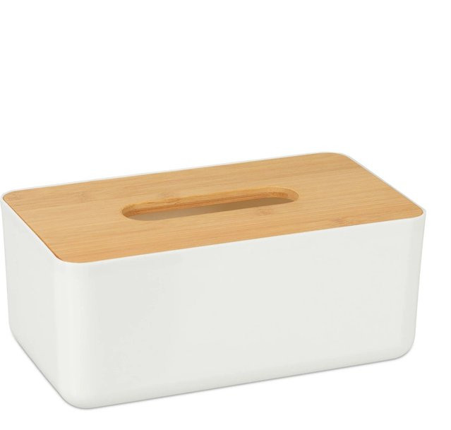 Relaxdays Tücherbox aus Kunststoff mit Bambusdeckel in Weiß, B/T/H: 23 x 10 x 13 cm - Bild 1