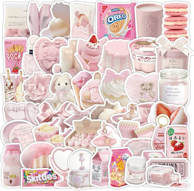 50-teiliges rosa ästhetisches Aufkleber-Set für Laptop, Tumbler und Reisegepäck von RecordingYourLife Store - Bild 1