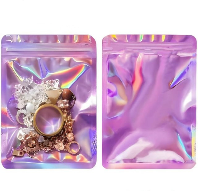 50 Stück wiederverschließbare Aluminium Mylar Beutel in Rosa mit holografischem Druck zur Verpackung von Lebensmitteln und Schmuck - Bild 1