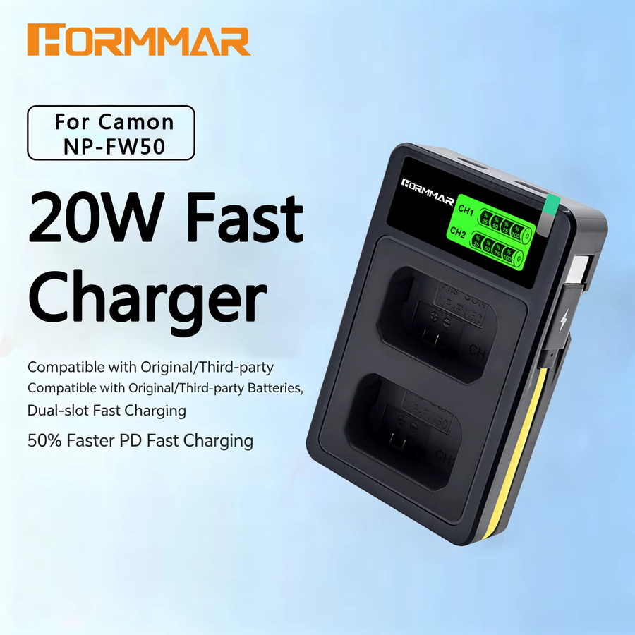 WY Hormmar Dual-USB-A Akkuladegerät mit LED-Anzeige für Sony NP-FW50 Kameras, Schwarz - Bild 2
