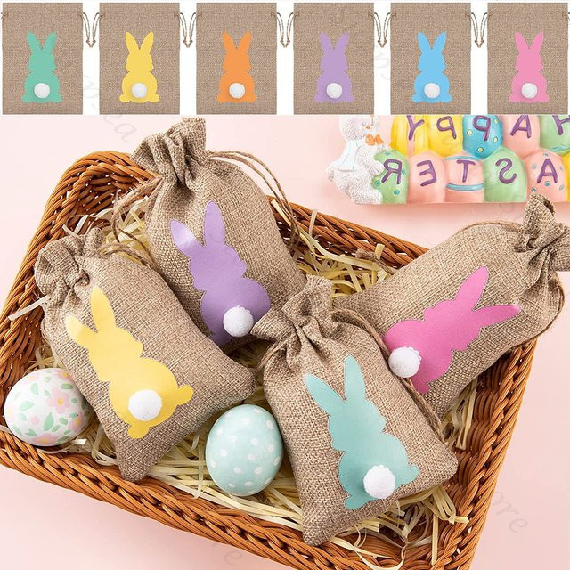 Ostern Jute Beutel mit Kordelzug Motiv Hase und Kaninchen Mehrfarbig für Süßigkeiten und Geschenke - Bild 1