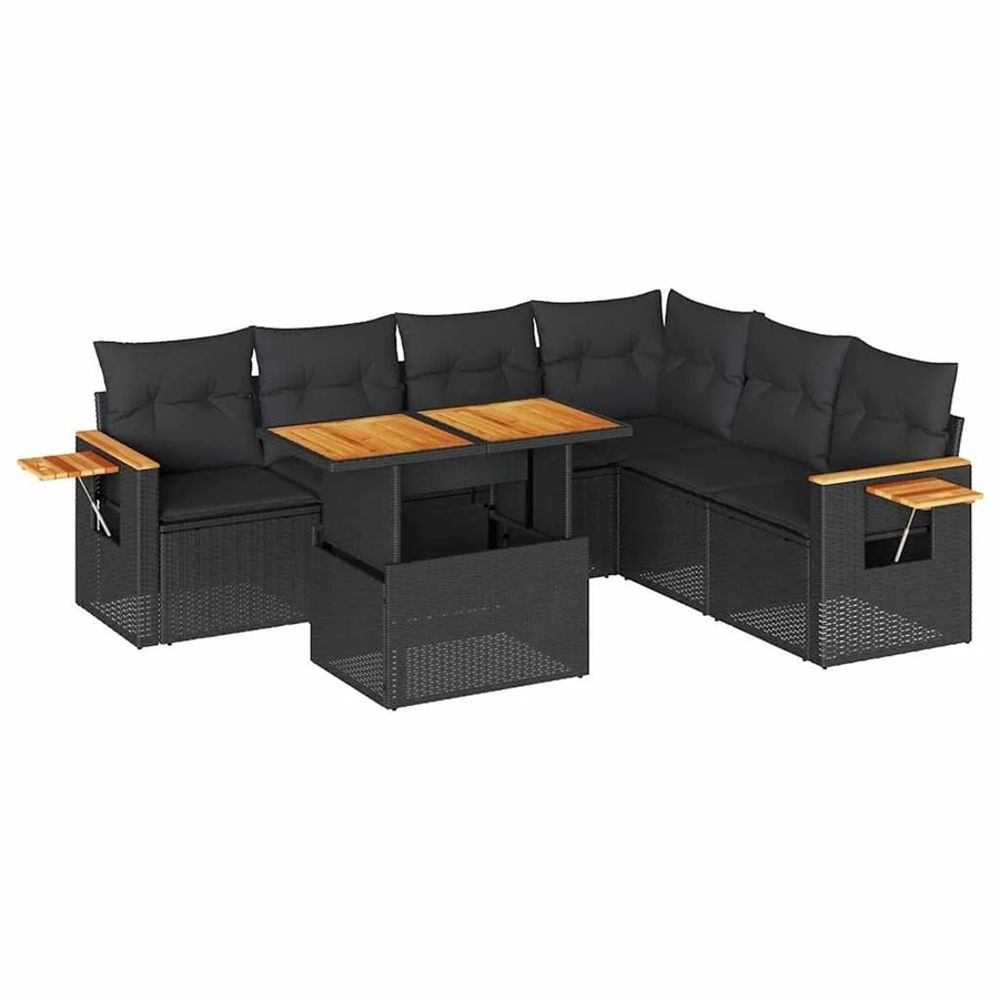 vidaXL 7-teilige Garten-Sofagarnitur in L-Form mit Tisch und Kissen, Schwarz, PE-Rattan und Akazienholz - Bild 2