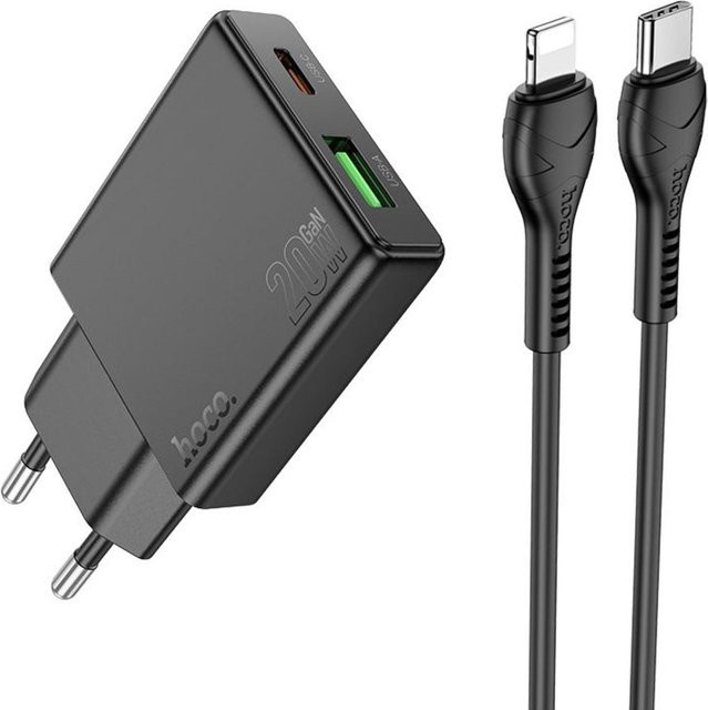 HOCO N38 Netzladegerät mit Lightning-Kabel, 20W, 3A, 1 x USB-A und 1 x USB-C, Schwarz - Bild 1