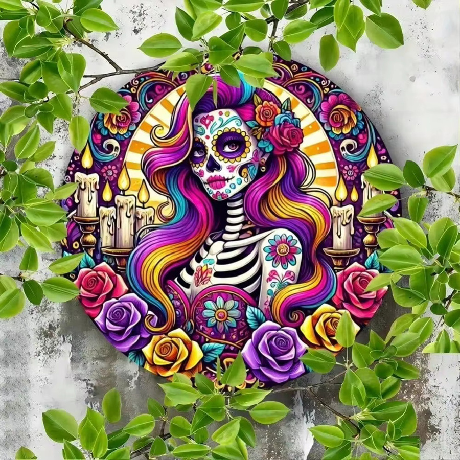 Wasserfestes Aluminiumschild CIFBUY Mexikanischer Tag der Toten Rund mit floraler Illustration in Multicolour - Bild 2